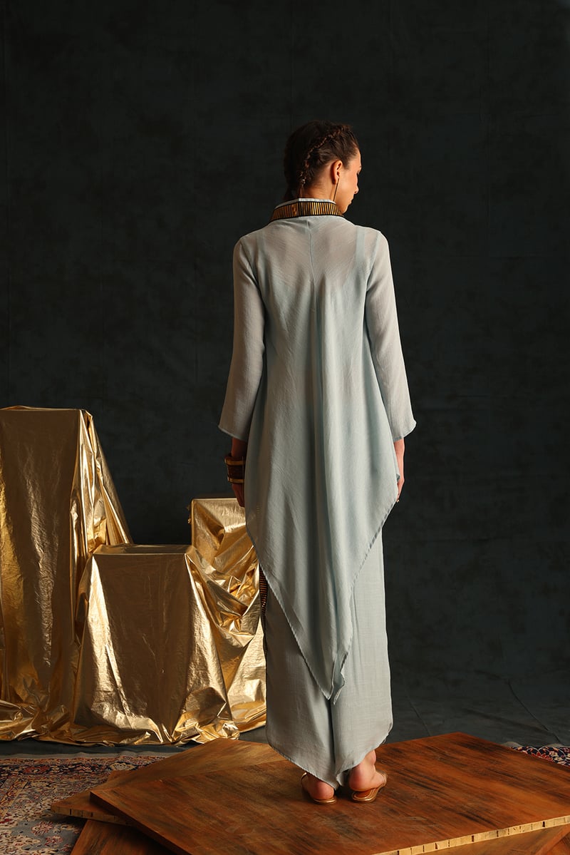 Light Blue Foil-Trim V-Neck Tunic and Pant Co-ord Set