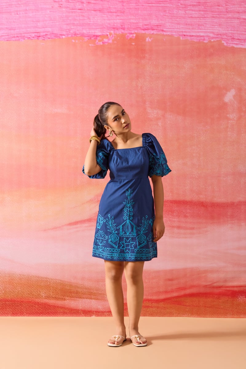 Blue Square Neck Aari Embroidered Poplin Mini Dress