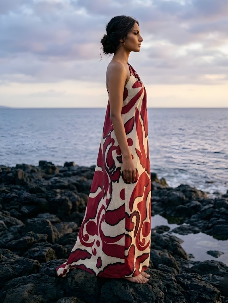 Maroon Abstract Print One-Shoulder Maxi Kaftan Dress