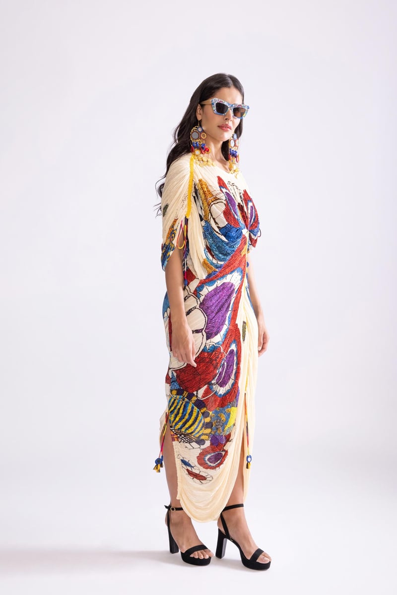 Multi Tribal Print Micro-Pleated Kaftan Maxi Dress