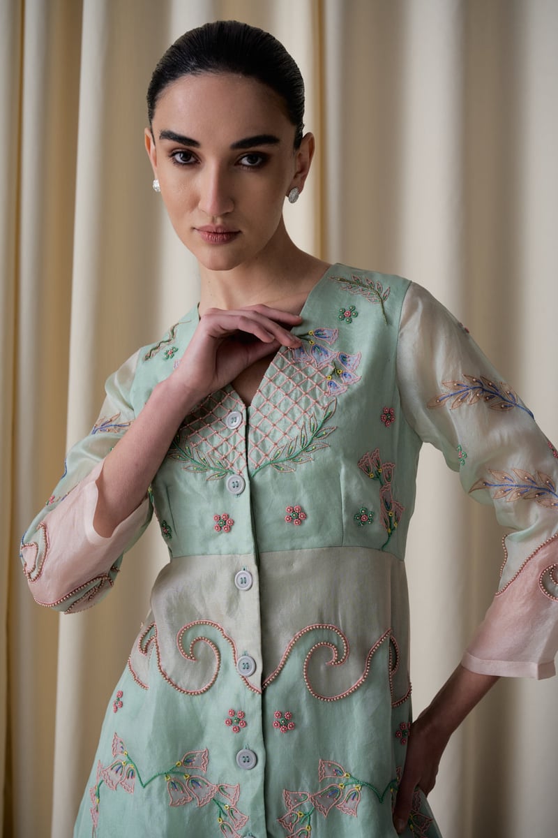 Mint Green and Peach Embroidered Silk Organza Midi Dress