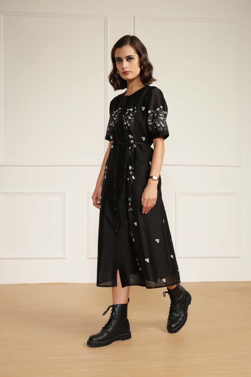 Black Silk Chanderi Floral Print A-Line Midi Dress