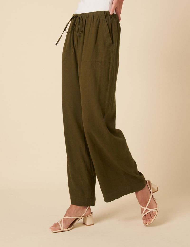 Olive Green Wide-Leg Drawstring Trousers with Patch Pockets