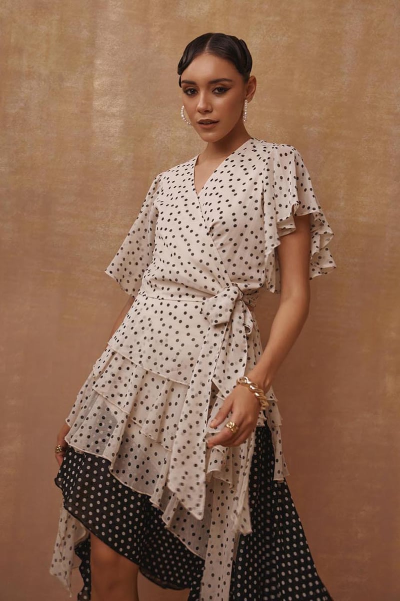 Monochrome Polka Dot Wrap Blouse and Tiered Midi Skirt Set