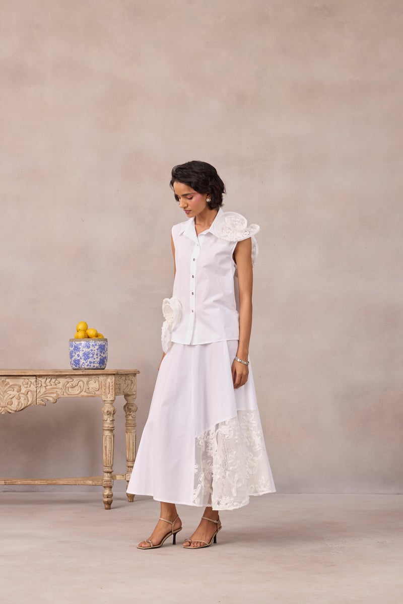 Bright White Sleeveless Shirt with 3D Rosette Detail
