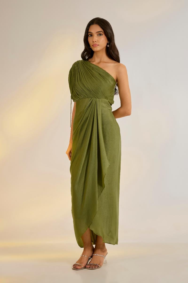 Olive One-Shoulder Draped Maxi Dress