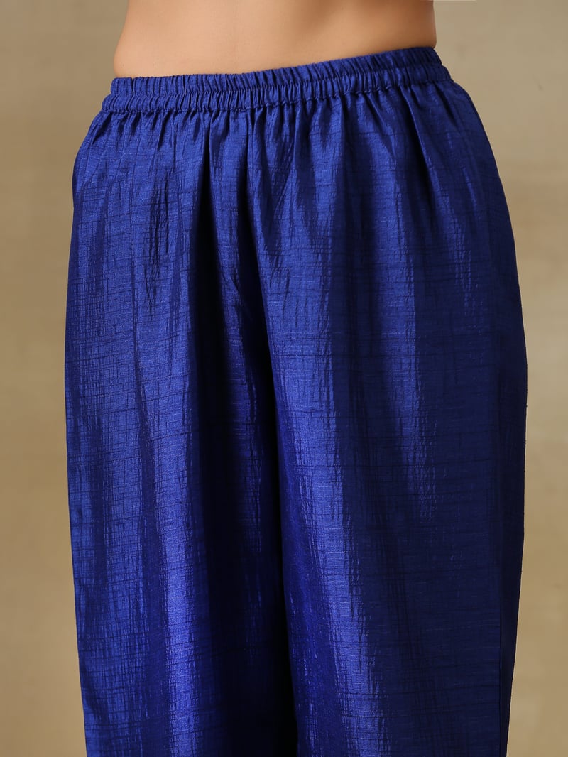 Blue Textured V-Neck Puff Sleeve Kurta Pant Set