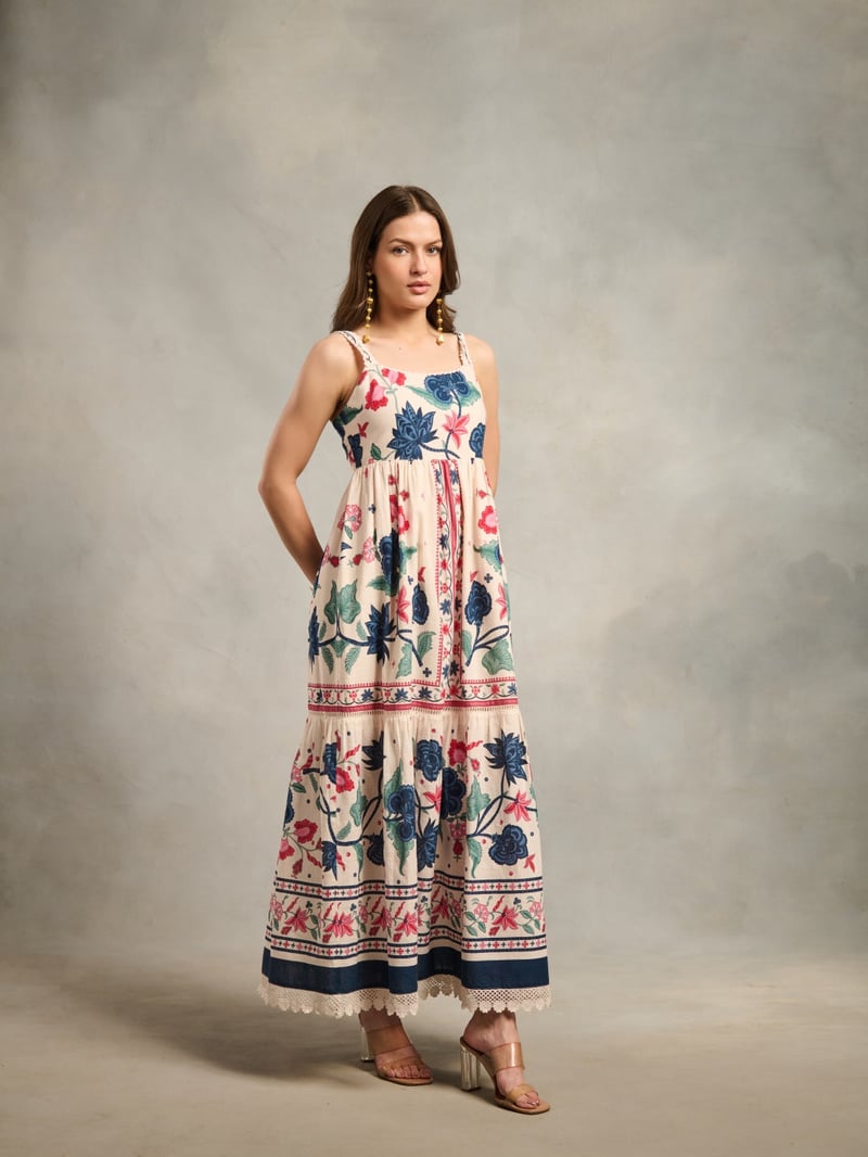 White Floral Printed Cotton Maxi Dress with Lace Trim