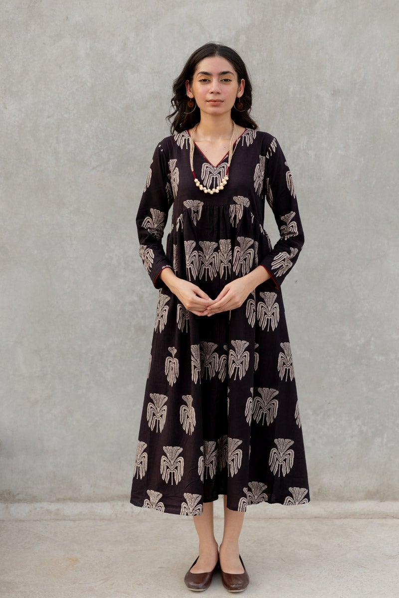Black Block Print Fit and Flare Maxi Dress