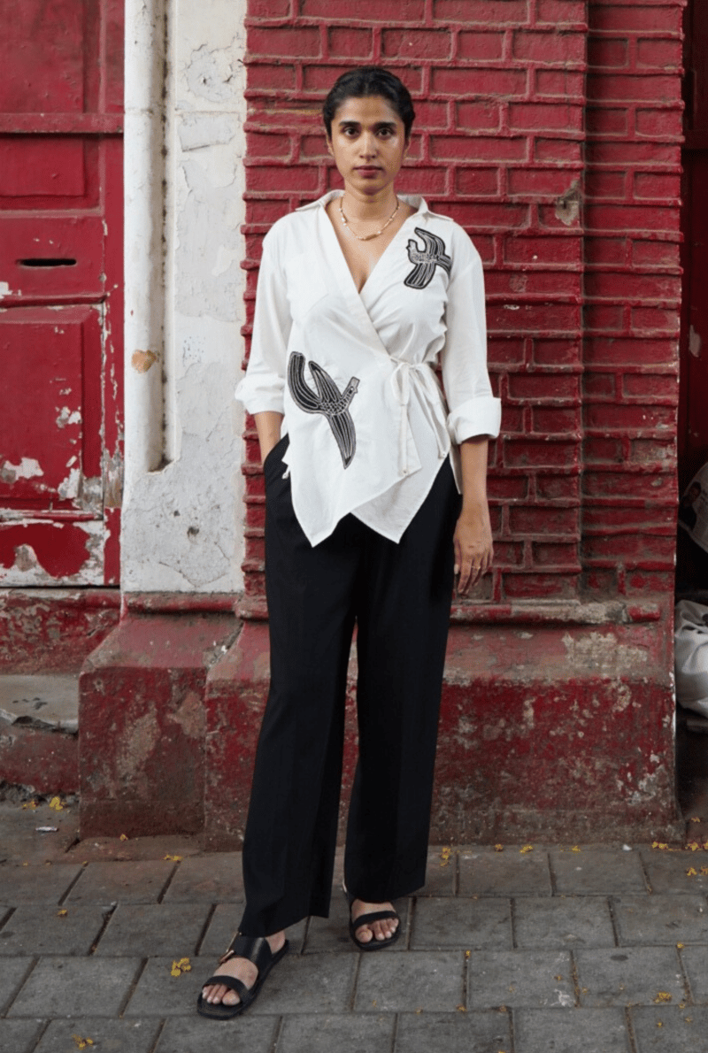 Off-White Cotton Poplin Wrap Shirt with Black Applique