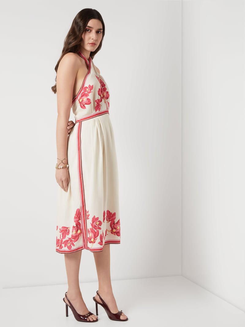Cream/Pink Floral Halter Fit and Flare Midi Dress