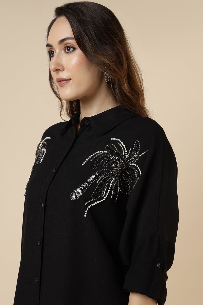 Black Embellished Longline Button-Down Shirt
