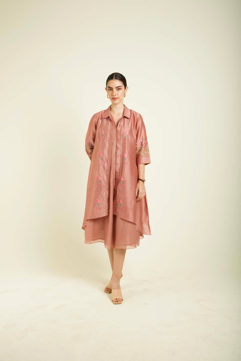 Almond Pink Chanderi Jacket Dress Set