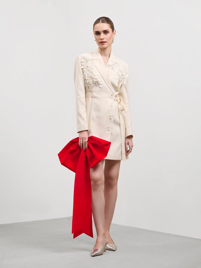Ivory Wrap Blazer Dress with Pearl Embroidery