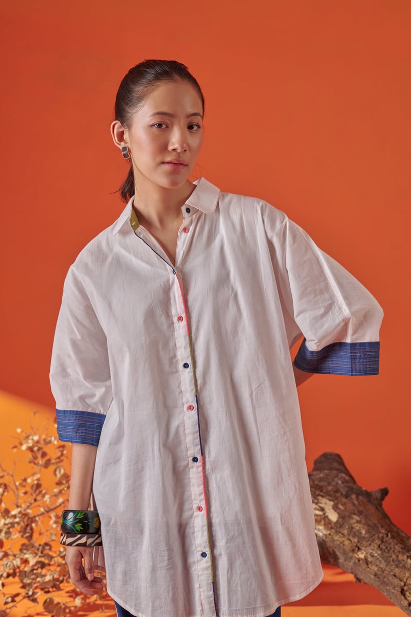 White Longline Drop-Shoulder Cotton Shirt
