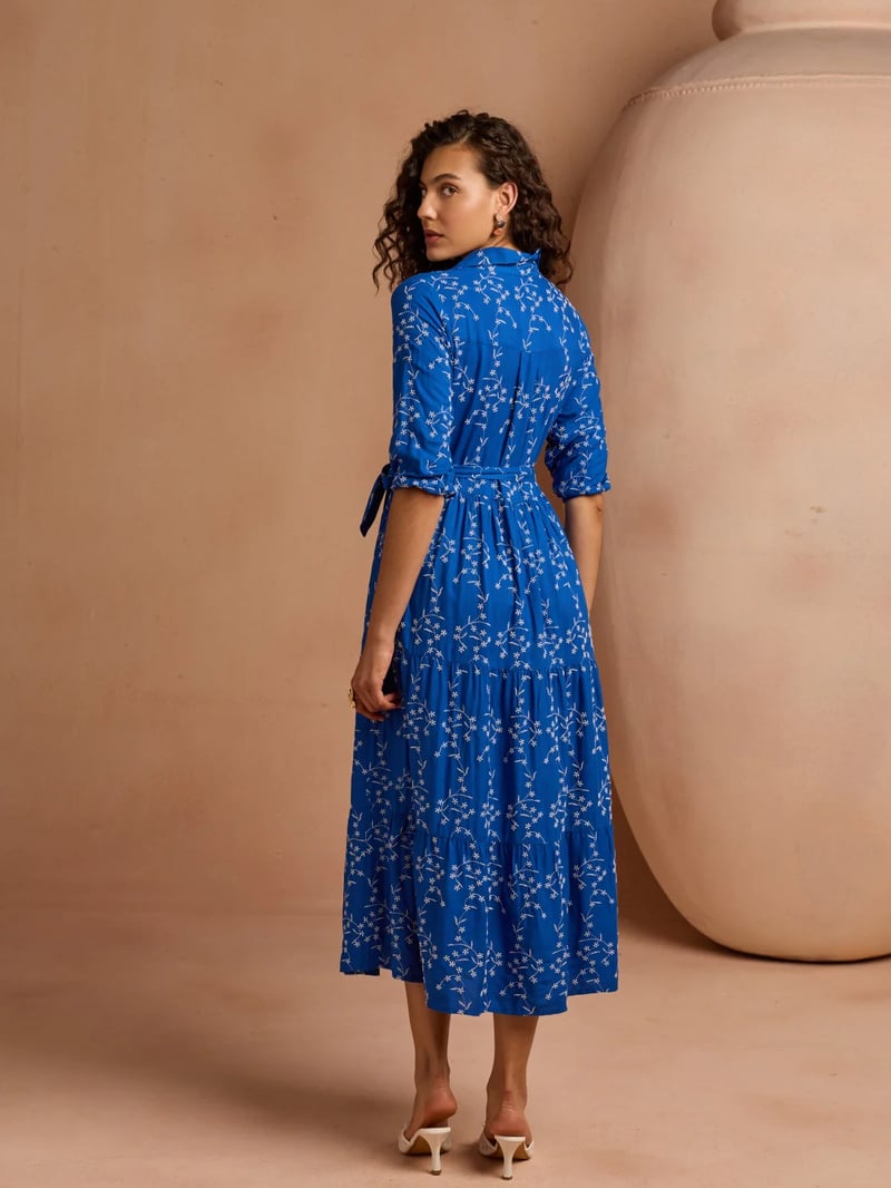 Blue Floral Print Belted Tiered Midi Shirt Dress