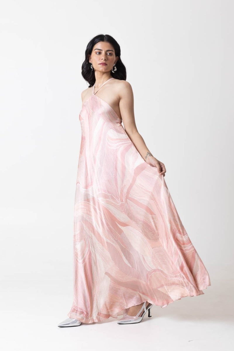 Pink Peach Abstract Printed Halter Maxi Dress