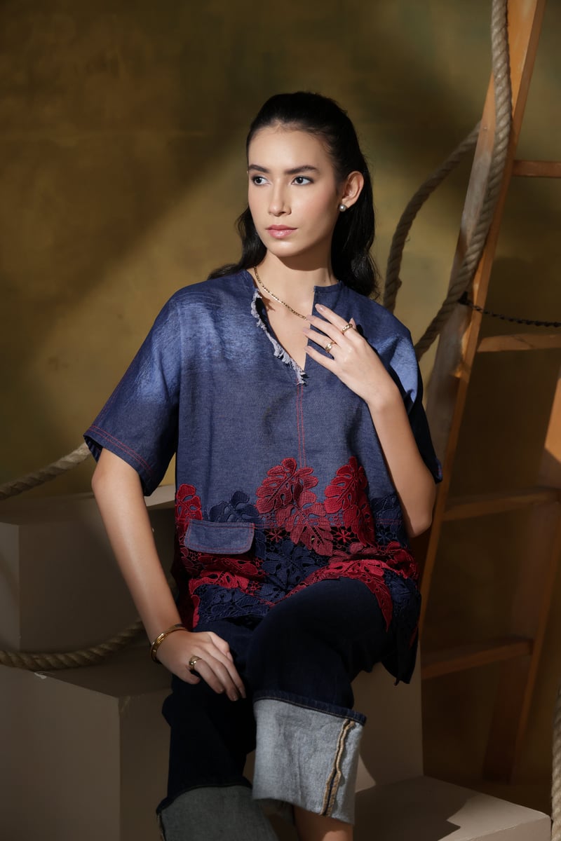 Dark Denim Oversized Top with Burgundy Lace Panel