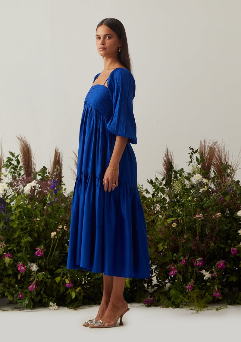 Royal Blue Tiered Midi Dress with Detachable Sleeves