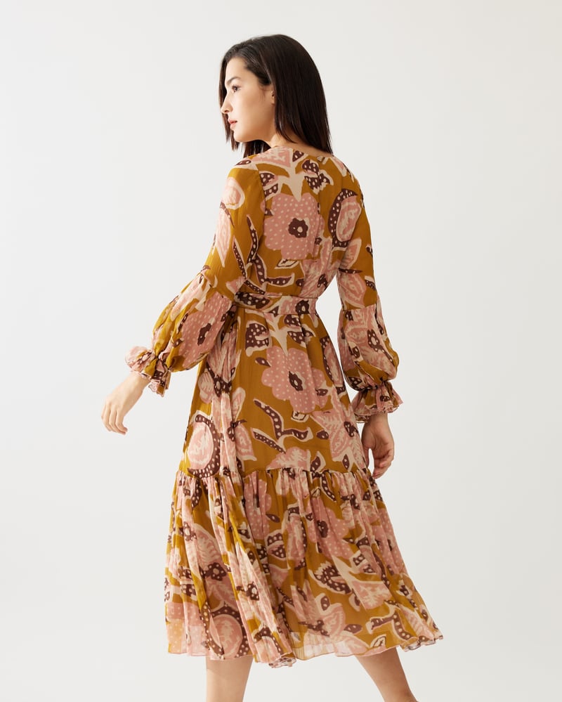 Mustard And Pink Floral Midi Dress