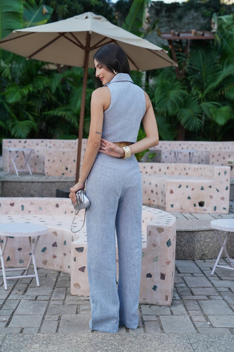 Muted Blue High-Rise Wide-Leg Linen Trousers