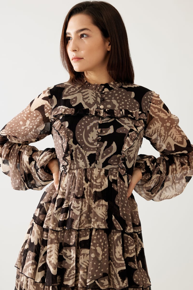 Dark Brown And Cream Floral Short Dress