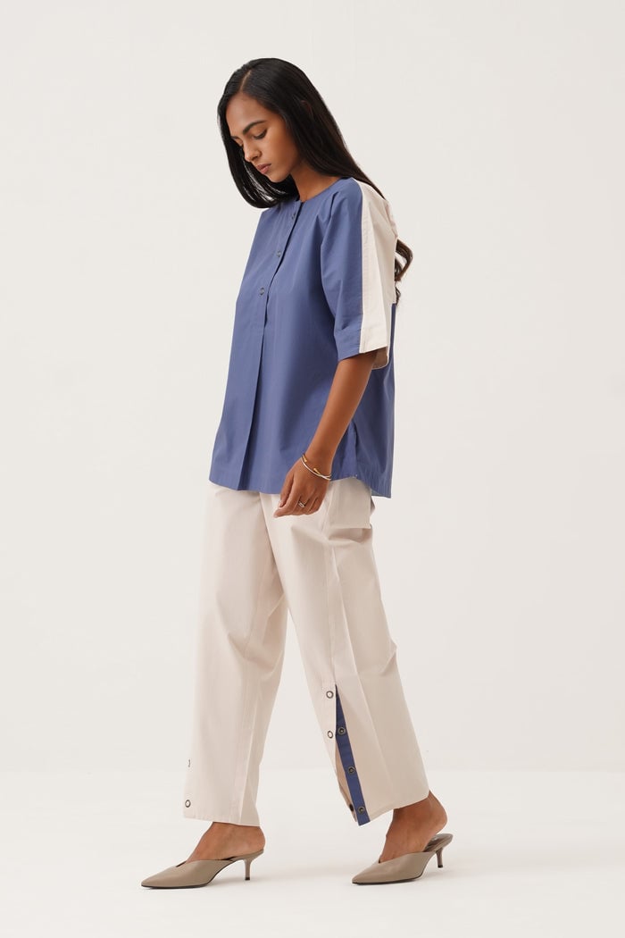 Blue and White Colorblocked Shirt and Pants Co-ord Set