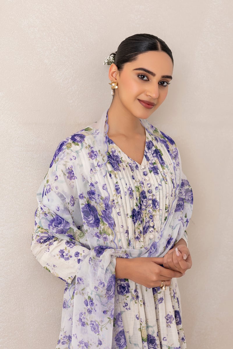 Purple/White Floral Flared Kurta Set with Palazzo and Dupatta