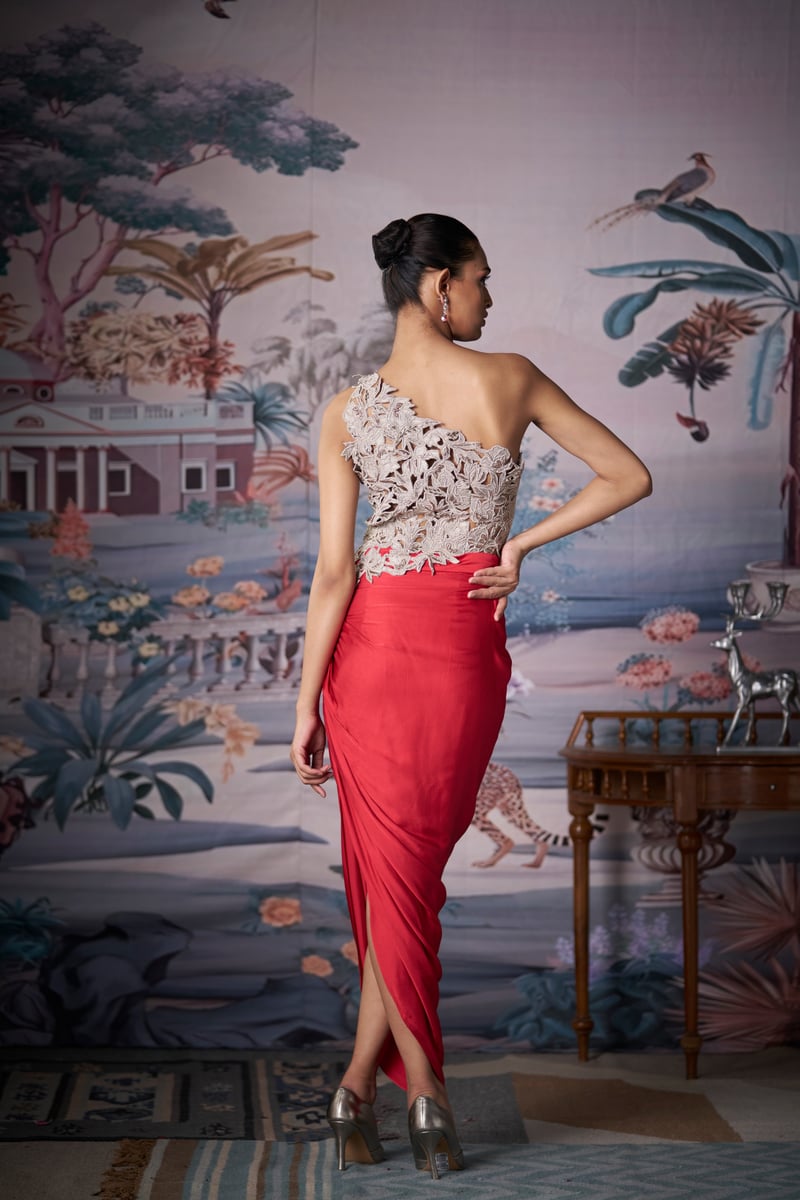 Silver One-Shoulder Embroidered Top and Red Maxi Skirt Set