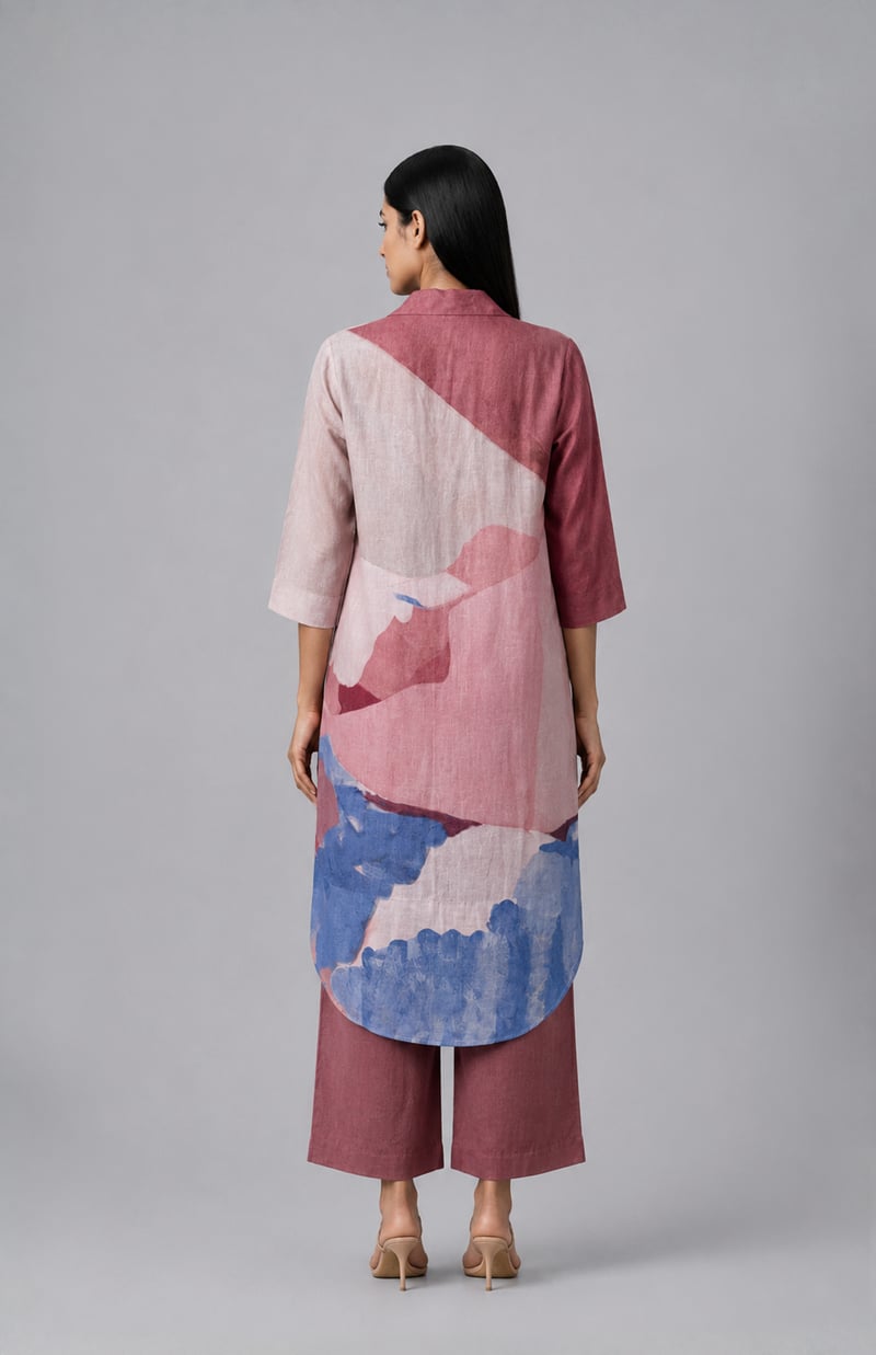 Rust Abstract Printed Linen Kurta Set with Lapel Collar