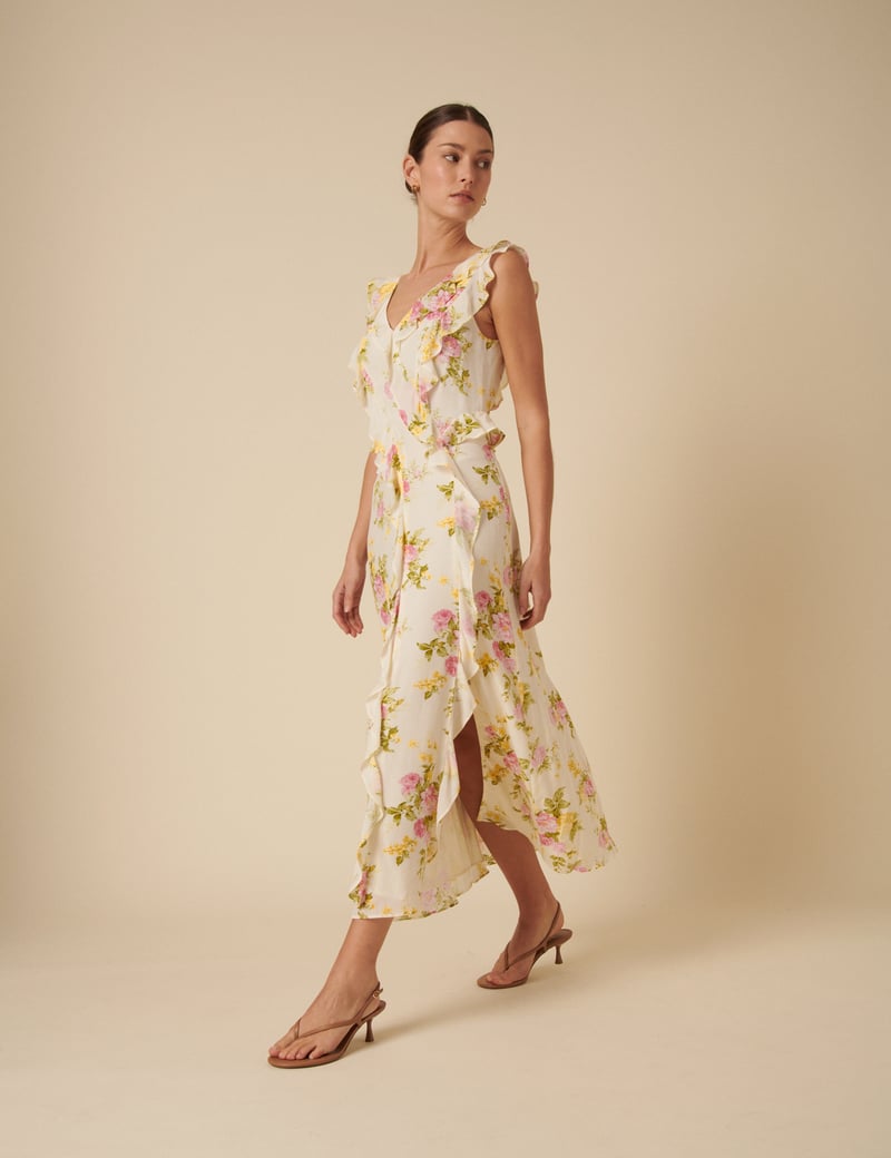 White Floral Ruffle Trim Slip Midi Dress