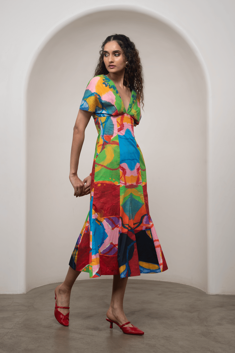 Multicolor Abstract Printed Poplin Fit and Flare Midi Dress