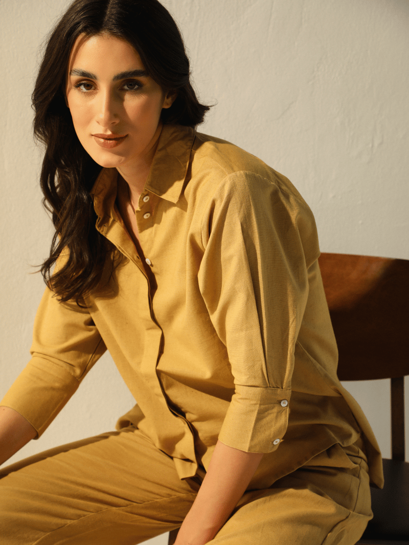 Caramel Cotton-Linen Shirt and Pants Co-ord Set