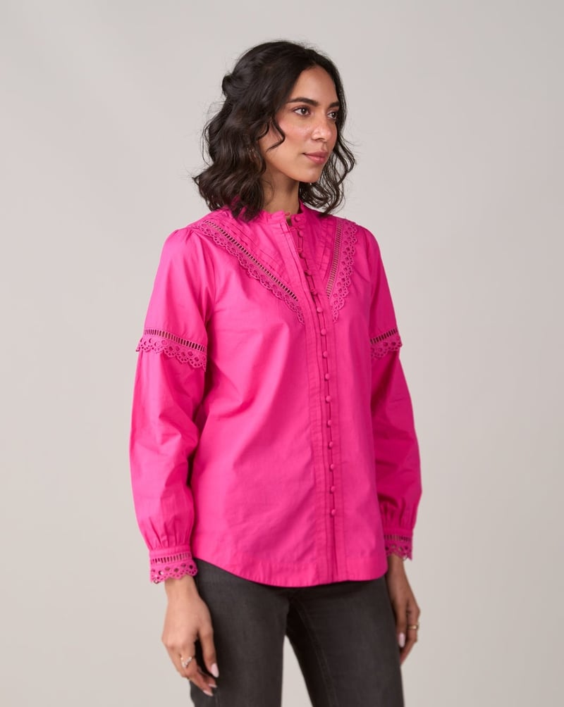 Pink Poplin Shirt Top with Lace Inserts and Mandarin Collar