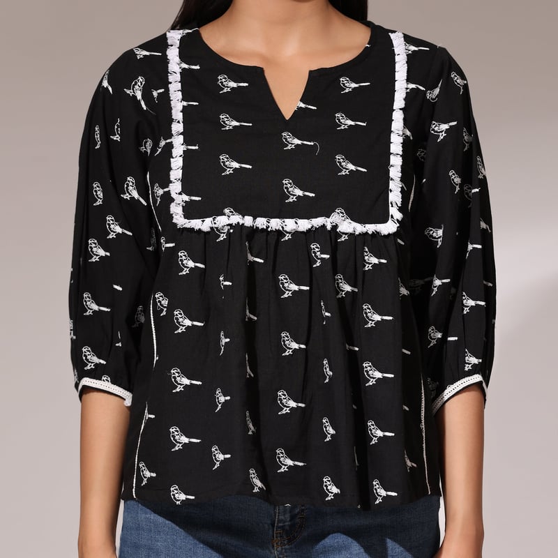 Black Bird Motif Oversized Top with Yoke Detail