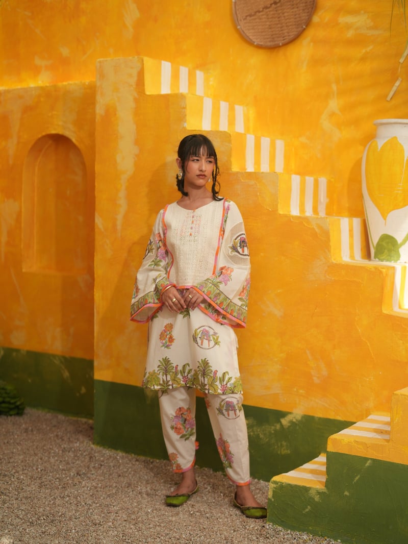 Off-White Tropical Print Kurta Set with Bell Sleeves
