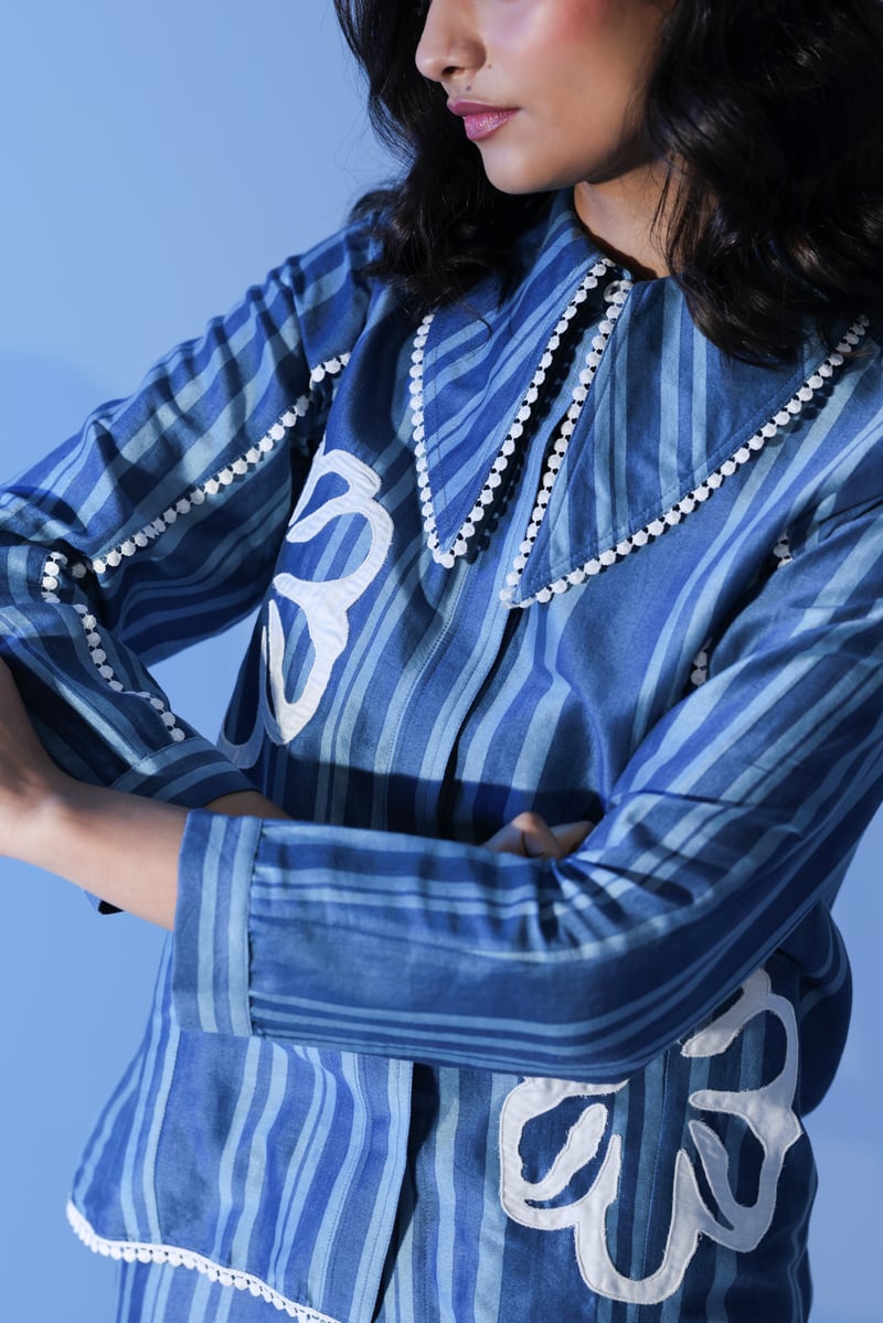 Blue Striped Shirt and Shorts Co-ord Set with Applique