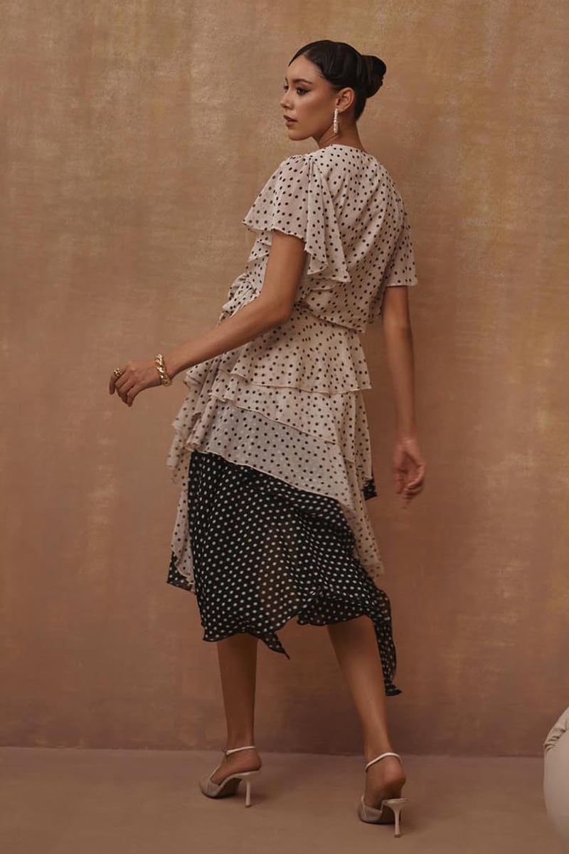 Monochrome Polka Dot Wrap Blouse and Tiered Midi Skirt Set