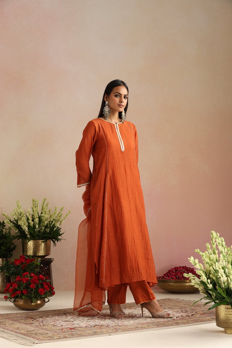 Burnt Orange Silk Chanderi Kurta Set with Gota Trim