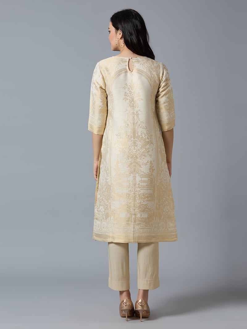 Navy/Gold Brocade Straight Kurta with 3/4 Sleeves