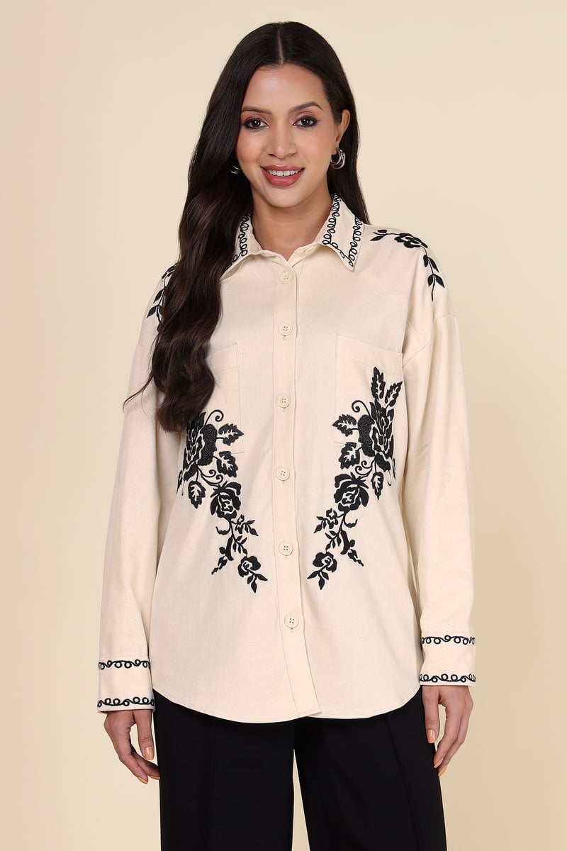 Natural Ivory Button-Down Shirt with Black Floral Motifs