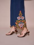 Blue High-Rise Wide-Leg Jeans with Hem Embroidery