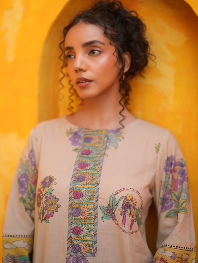 Dusty Lilac Tropical Printed Straight Long Kurta Set
