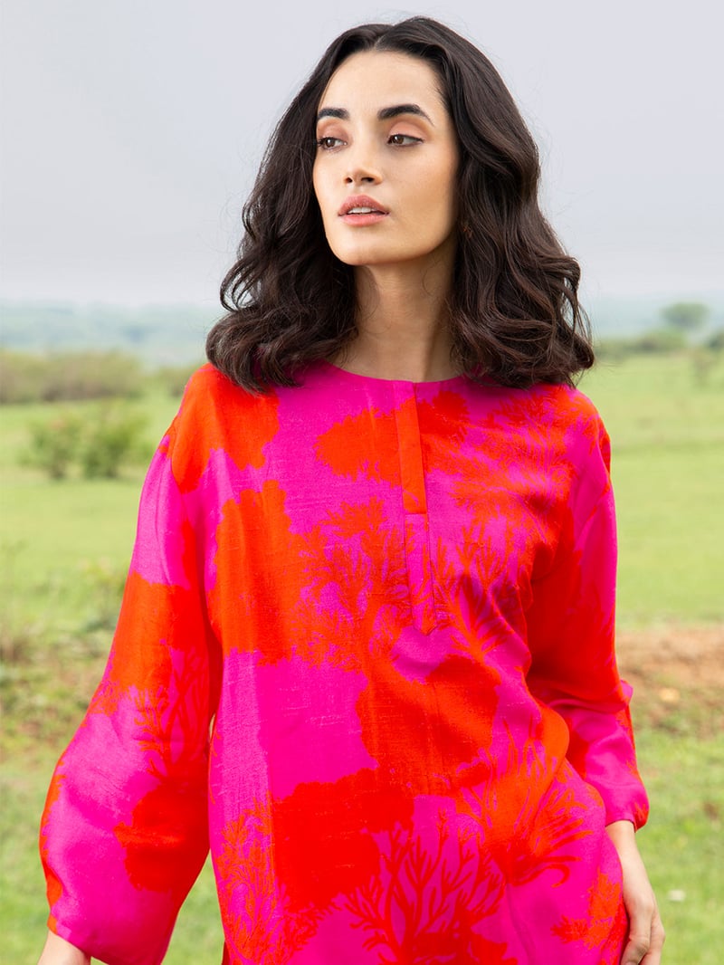 Pink Abstract Printed Tunic and Wide-Leg Pants Co-ord Set