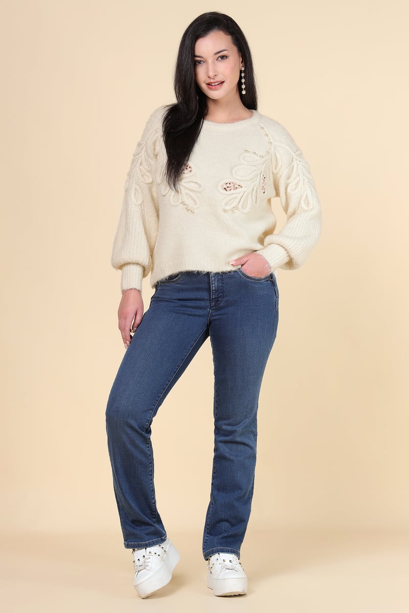 Beige Applique Embellished Round Neck Pullover Sweater