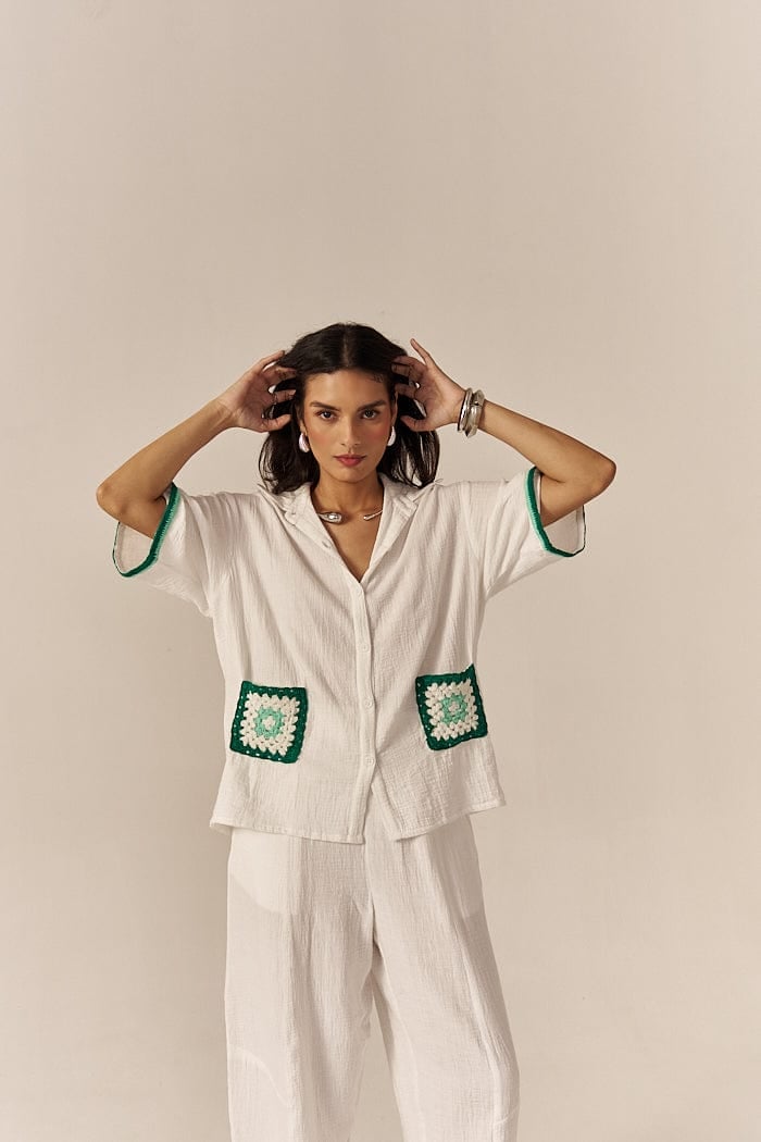 White and Green Crochet Trim Shirt and Shorts Co-ord Set