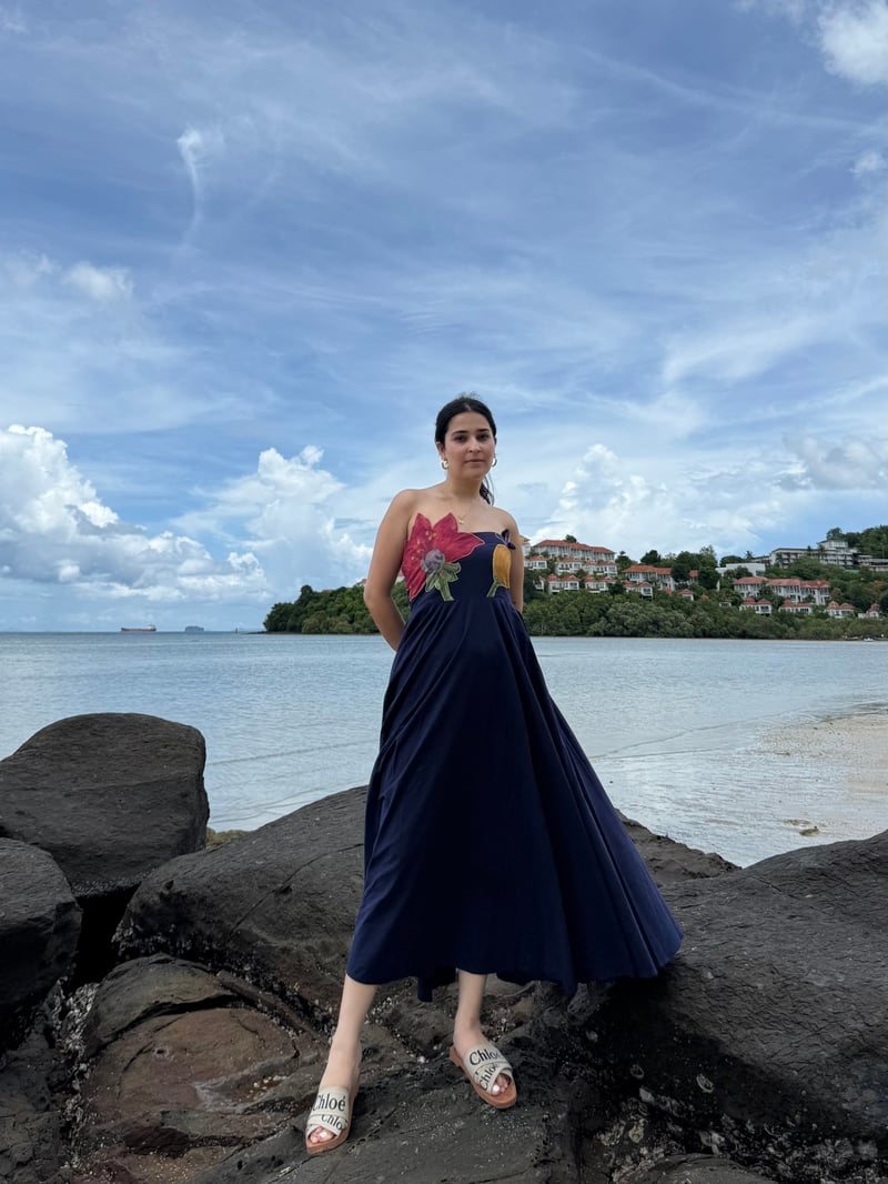 Navy Off-Shoulder Cotton Midi Dress with Floral Applique