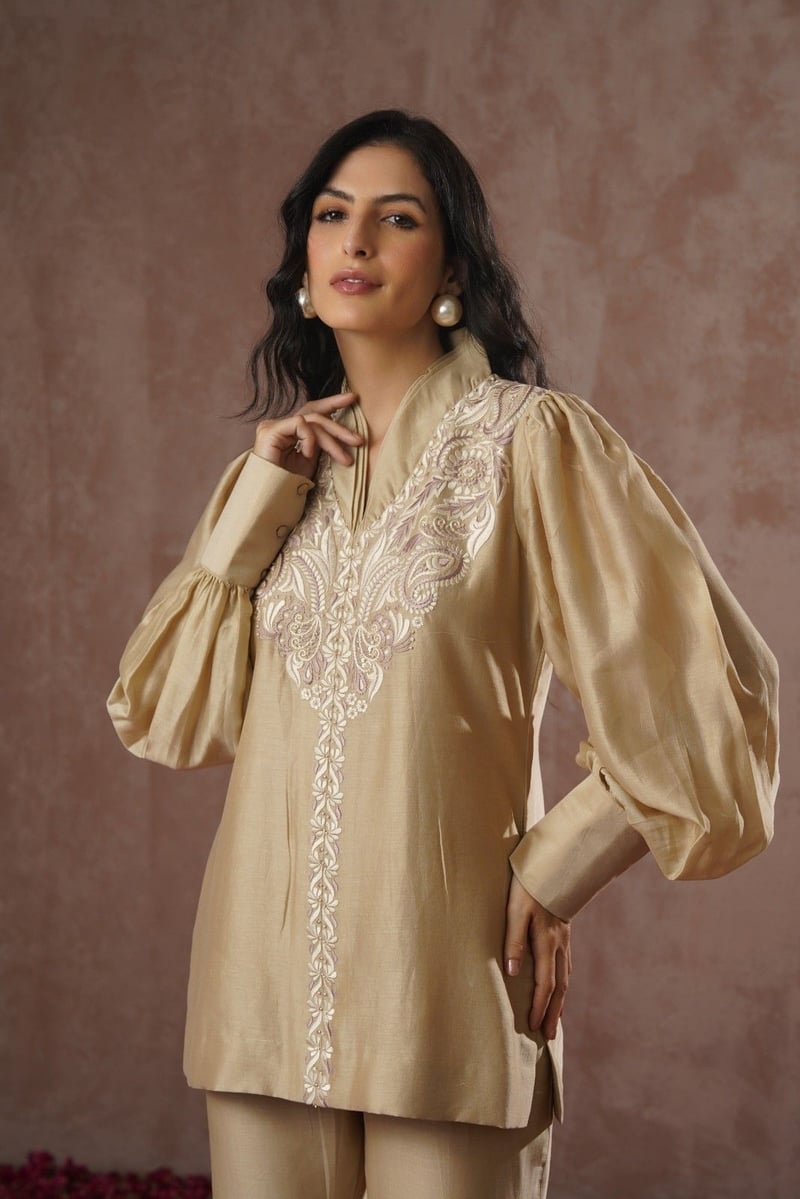 Beige Chanderi Silk Embroidered Co-ord Set