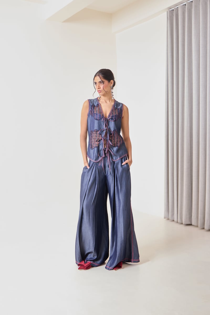 Indigo Tencel Denim Tie-Up Cutwork Vest