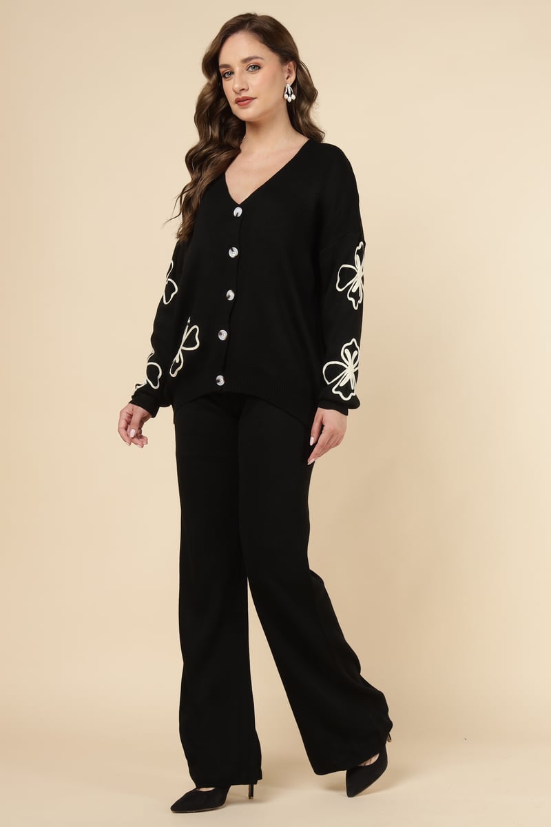 Black Knit Button-Front Top and Wide-Leg Pants Co-ord Set